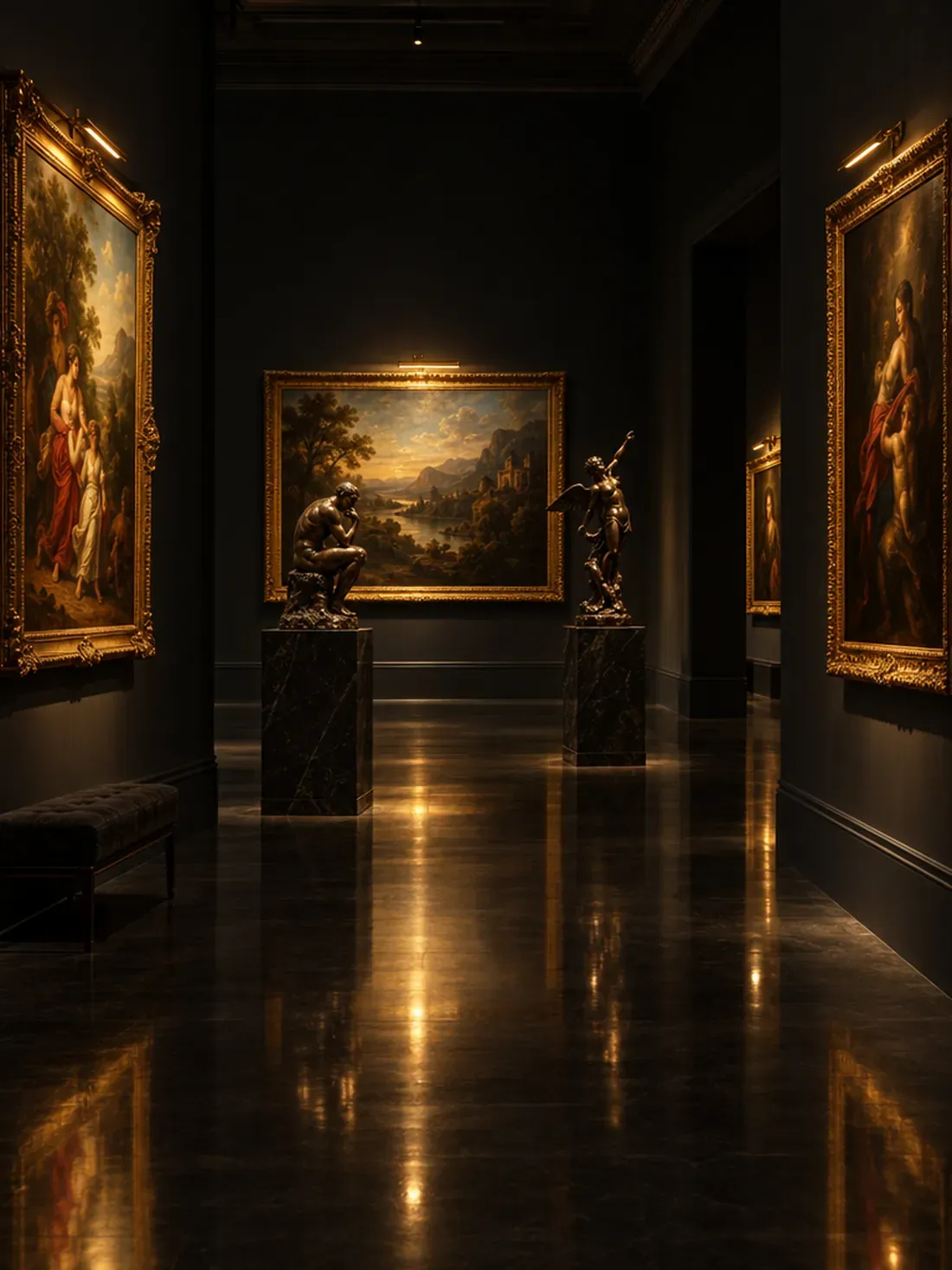 Interior of Heritage Gallery at night with framed paintings and bronzes on pedestals