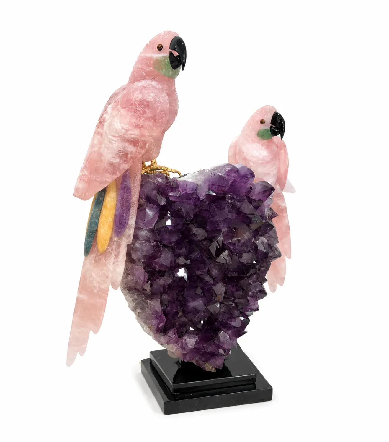 Pink Parrots on Amethyst