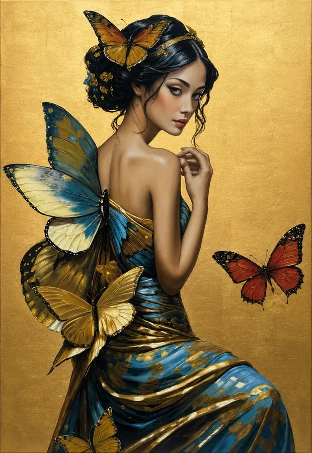 Painting of a woman with butterflies on a gold ground