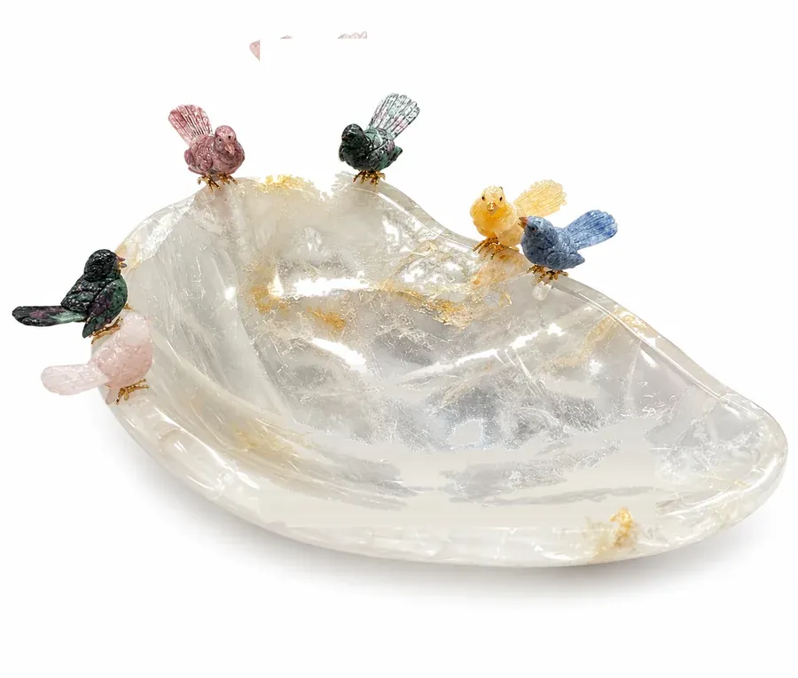Carved rock crystal bowl with gemstone dragonflies