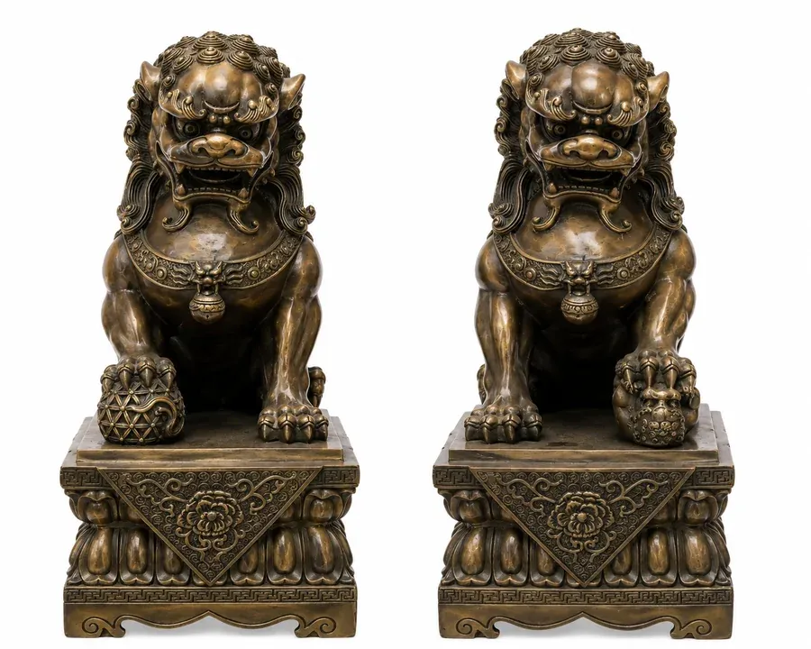 Pair of bronze foo dogs on carved pedestal bases