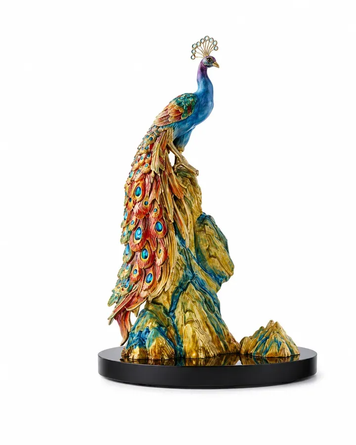 Enameled peacock sculpture on a black oval base