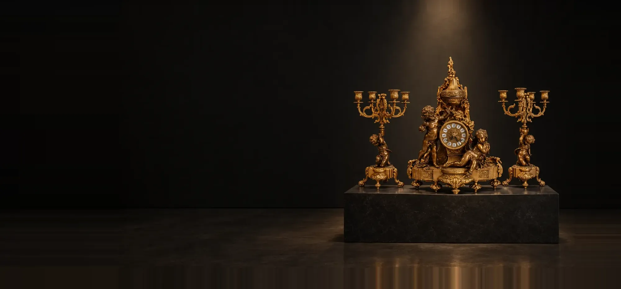 Gilt bronze cherub mantel clock with matching candelabra on a pedestal in a dark gallery