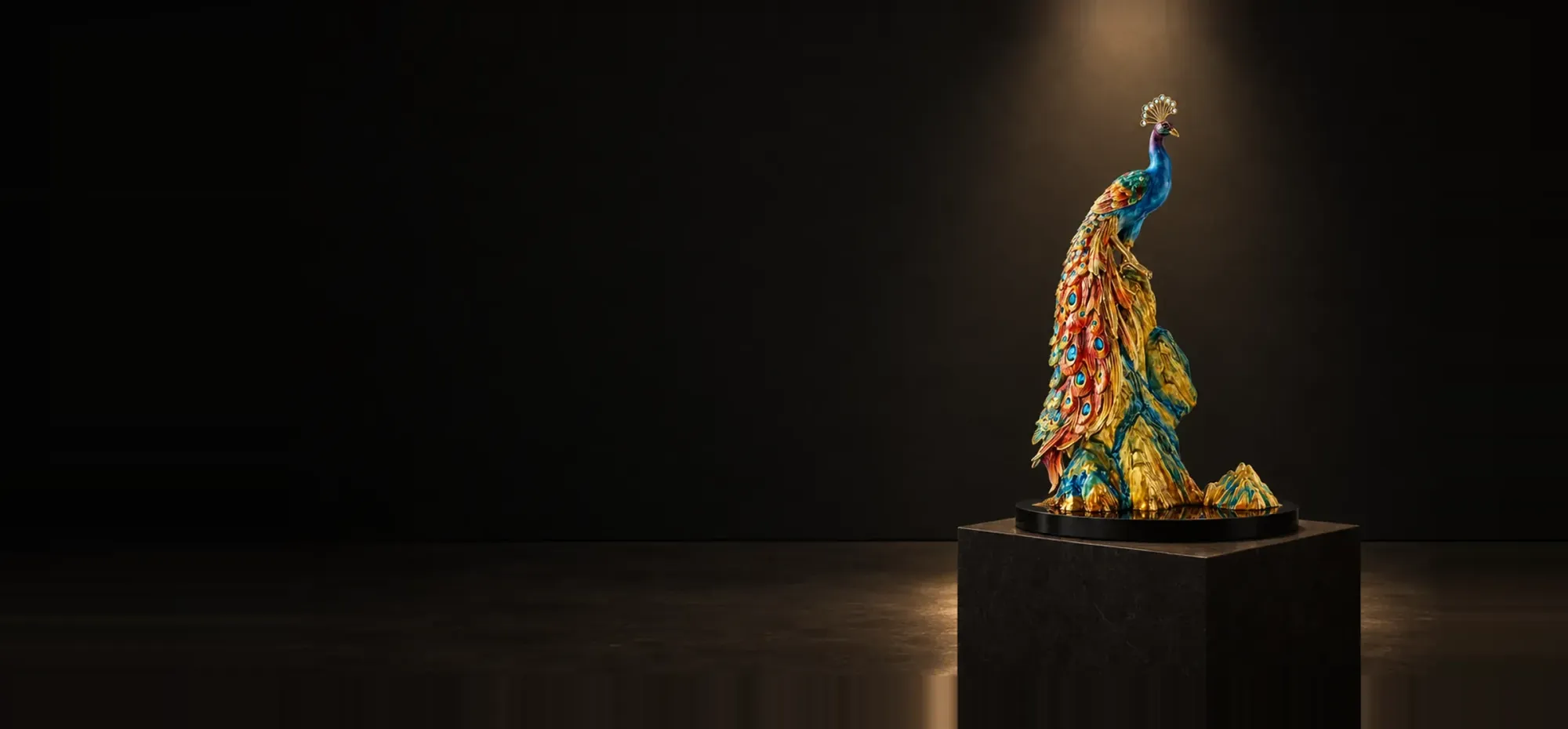 Enameled peacock sculpture on a black oval base under a warm spotlight in a dark gallery